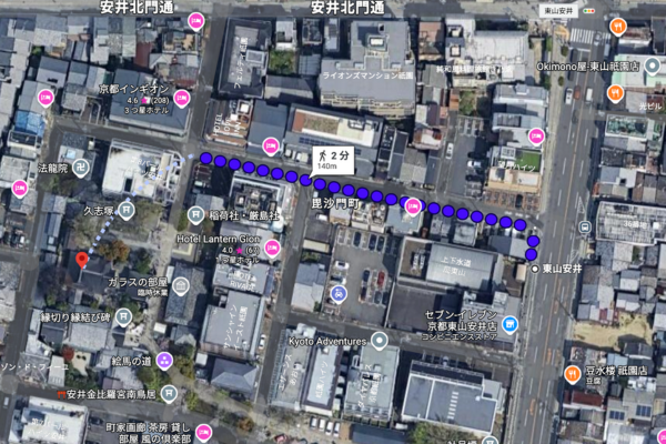 東山安井バス停から安井金比羅宮まで徒歩ルート