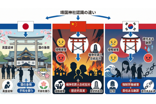 日本と中国と韓国が考える靖国神社のイメージ図解画像